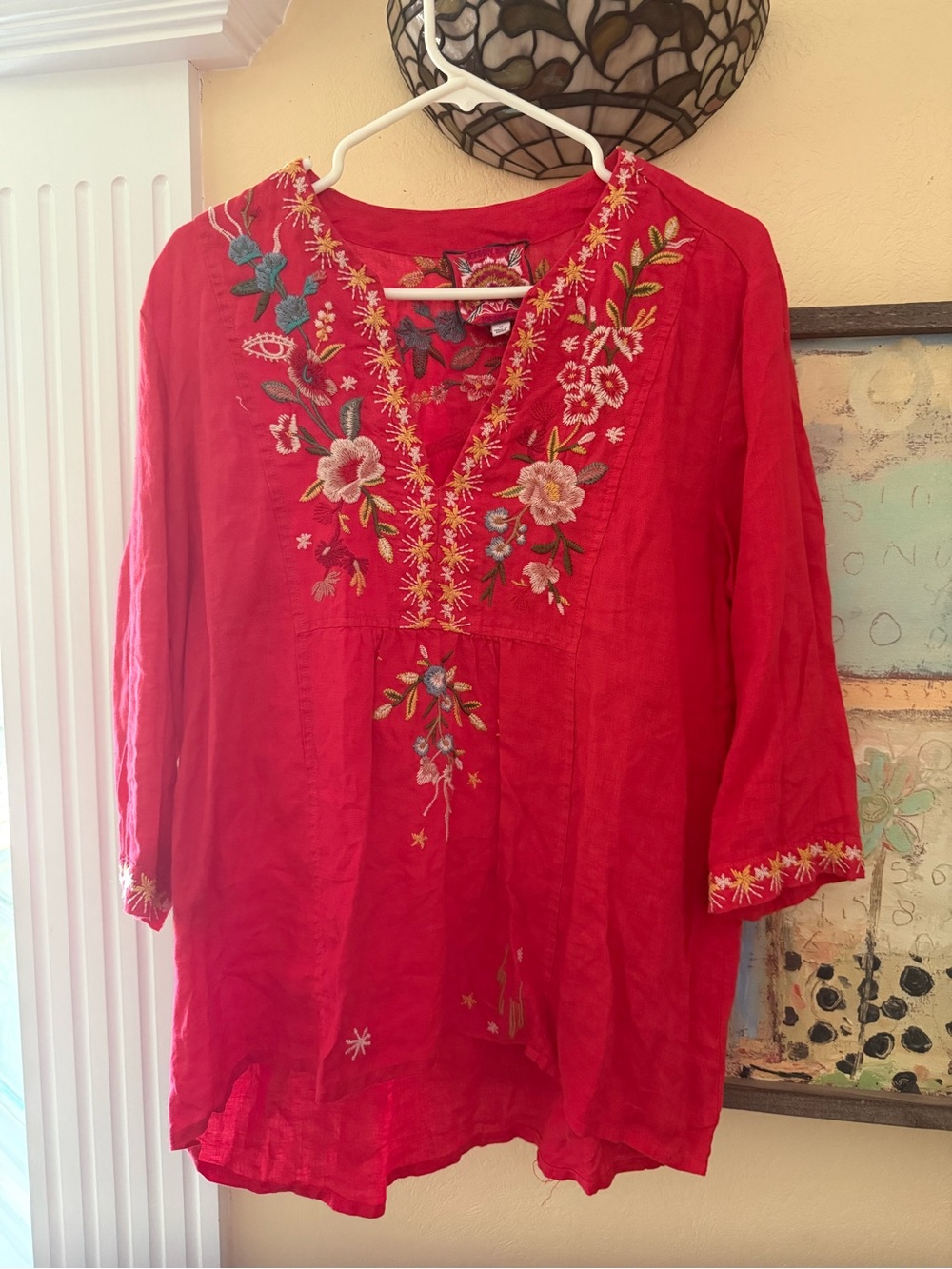 Johnny Was Cotton Embroidered V-Neck Red Peasant Top - Picture 2 of 8